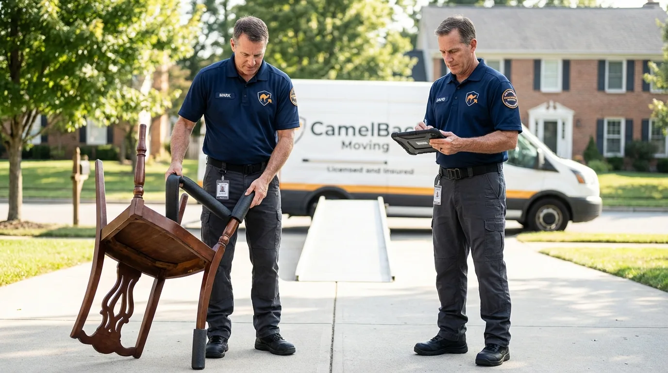 Movers inspecting furniture for damage prevention before loading in Park Rapids, MN